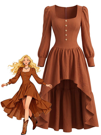 Robe Marron Col Carré Ourlet Asymétrique Années 1970