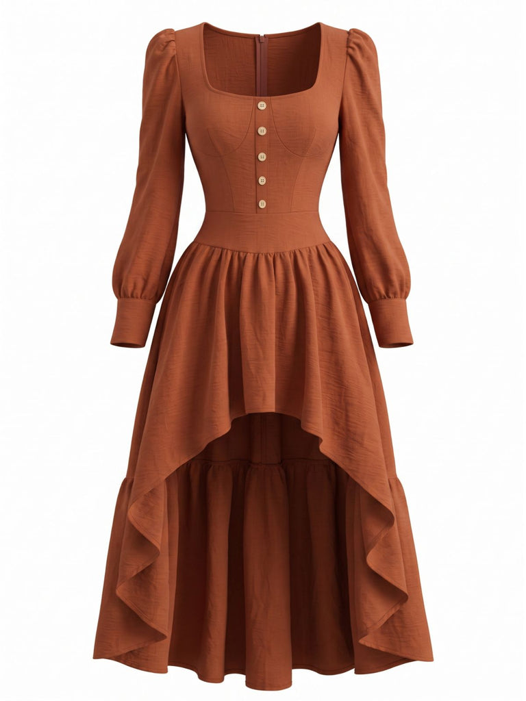 Robe Marron Col Carré Ourlet Asymétrique Années 1970