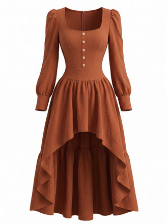Robe Marron Col Carré Ourlet Asymétrique Années 1970