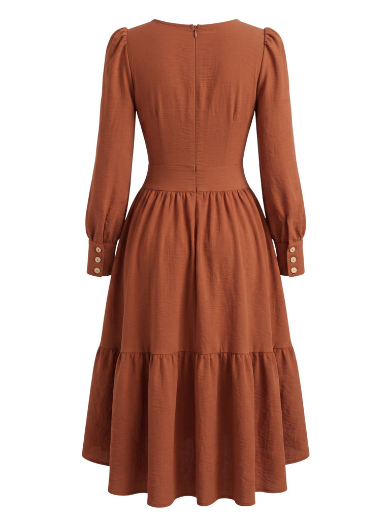 Robe Marron Col Carré Ourlet Asymétrique Années 1970