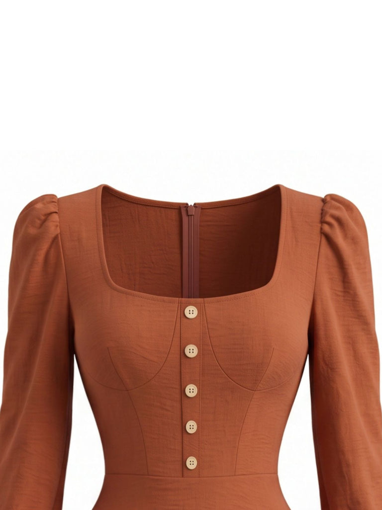 Robe Marron Col Carré Ourlet Asymétrique Années 1970
