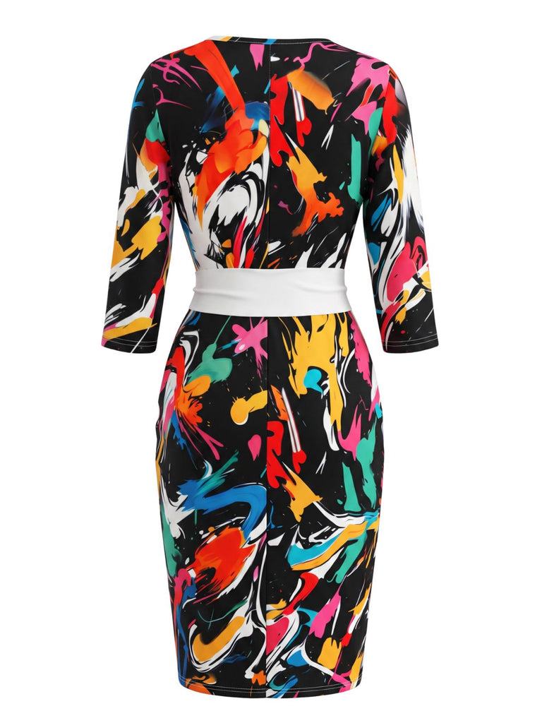Robe crayon moulante multicolore à motif abstrait et ceinture années 1960