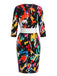 Robe crayon moulante multicolore à motif abstrait et ceinture années 1960
