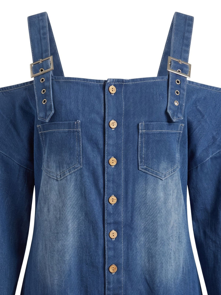 Combinaison longue en denim à épaules dénudées et poches années 1940