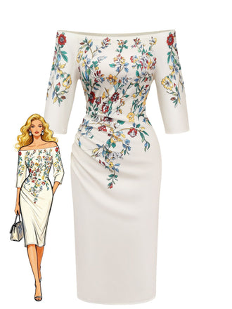 Robe beige moulante à fleurs et épaules dénudées années 1960