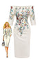 Robe moulante beige fleurs et épaules dénudées années 60