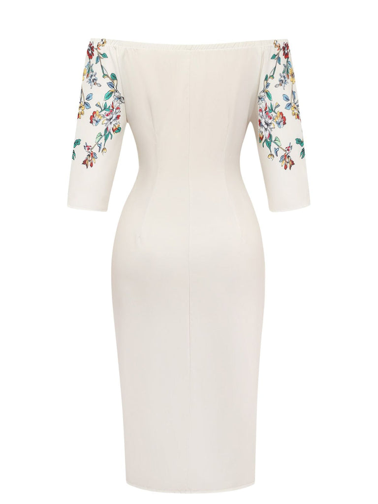 Robe beige moulante à fleurs et épaules dénudées années 1960