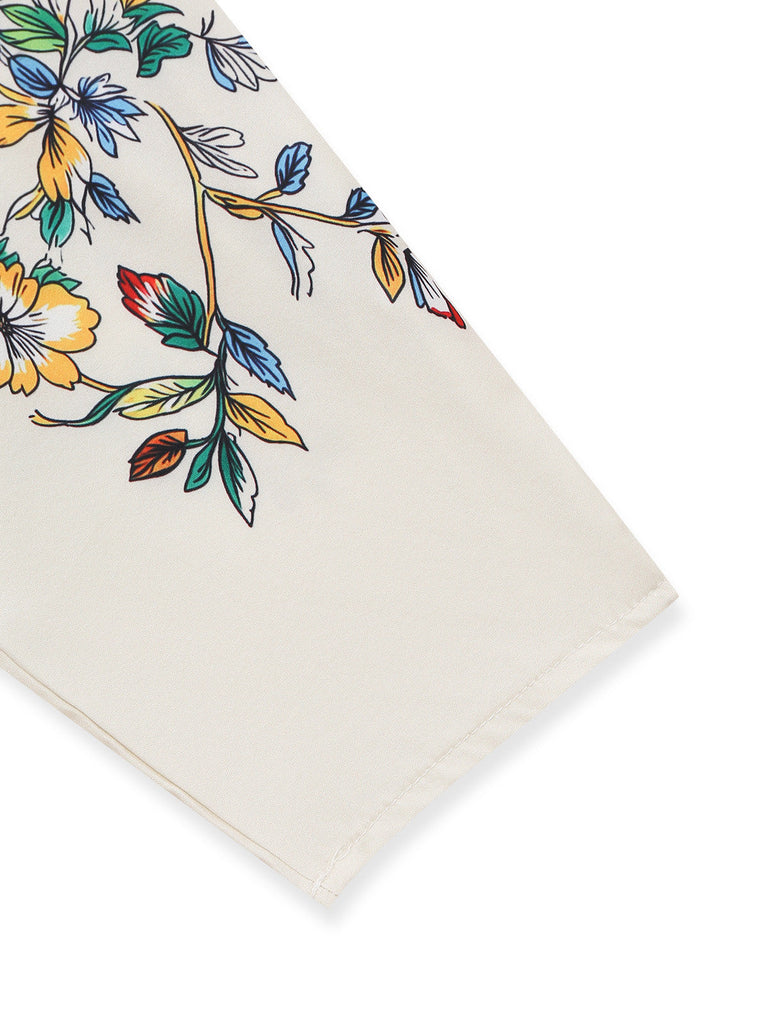 Robe beige moulante à fleurs et épaules dénudées années 1960