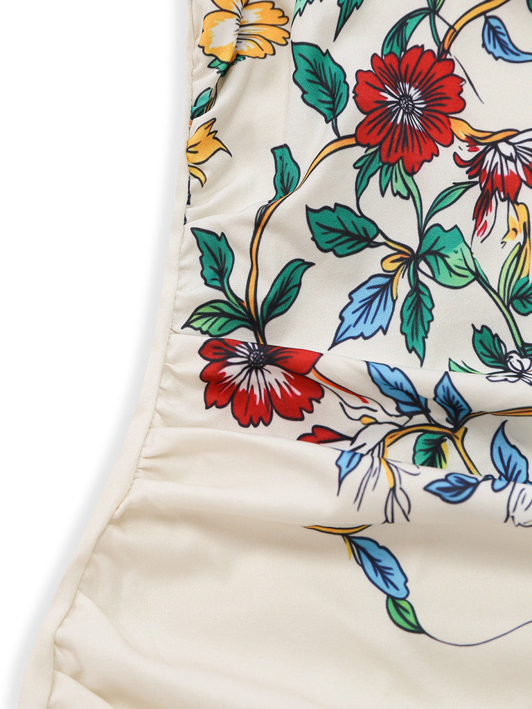 Robe beige moulante à fleurs et épaules dénudées années 1960