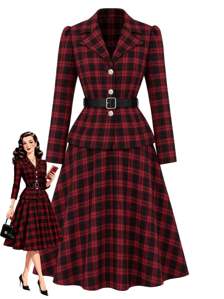 [Prévente] Ensemble deux pièces noir et rouge à carreaux, blazer cintré et jupe à ceinture années 1950 - 1