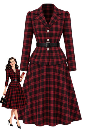 [Prévente] Ensemble deux pièces noir et rouge à carreaux, blazer cintré et jupe à ceinture années 1950 - 1