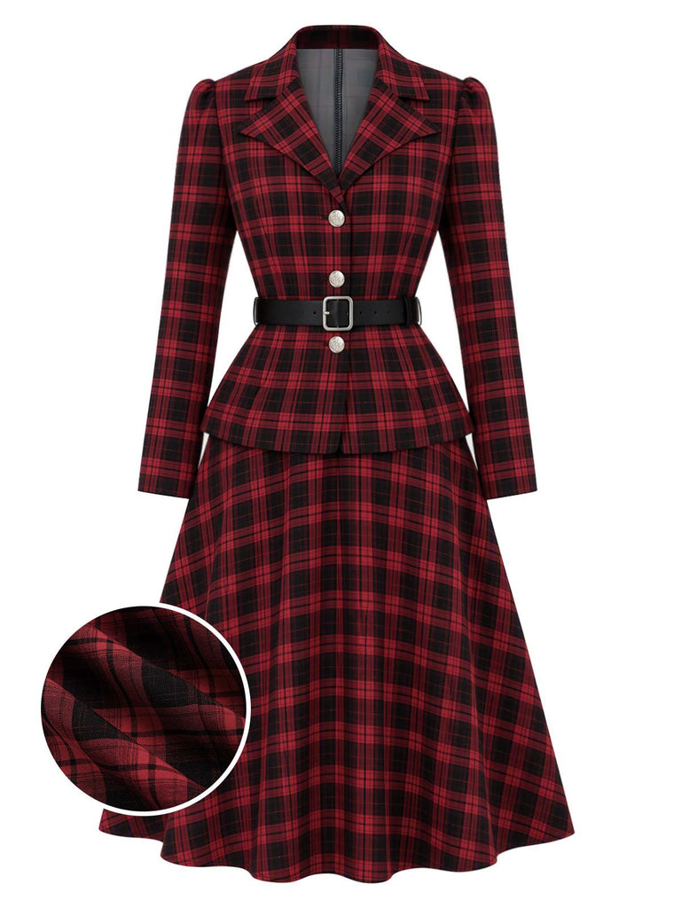 2PCS Blazer noir et rouge à carreaux et jupe années 1950