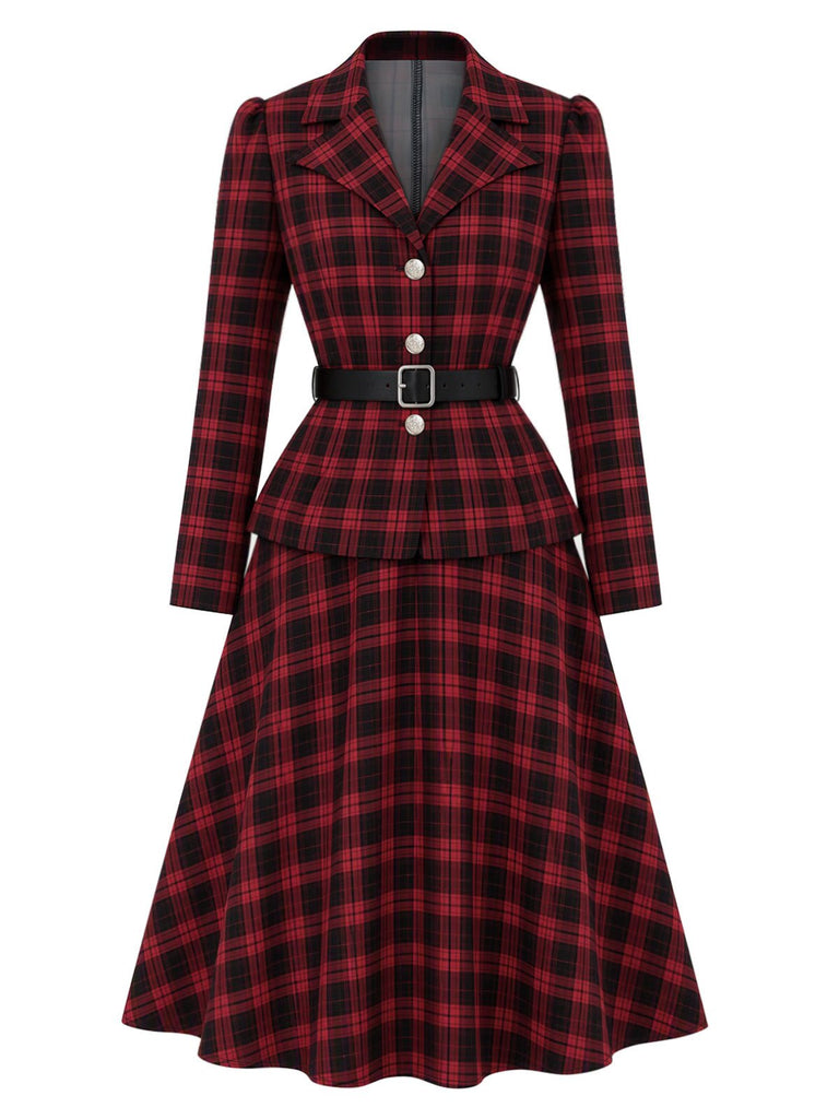 2PCS Blazer noir et rouge à carreaux et jupe années 1950