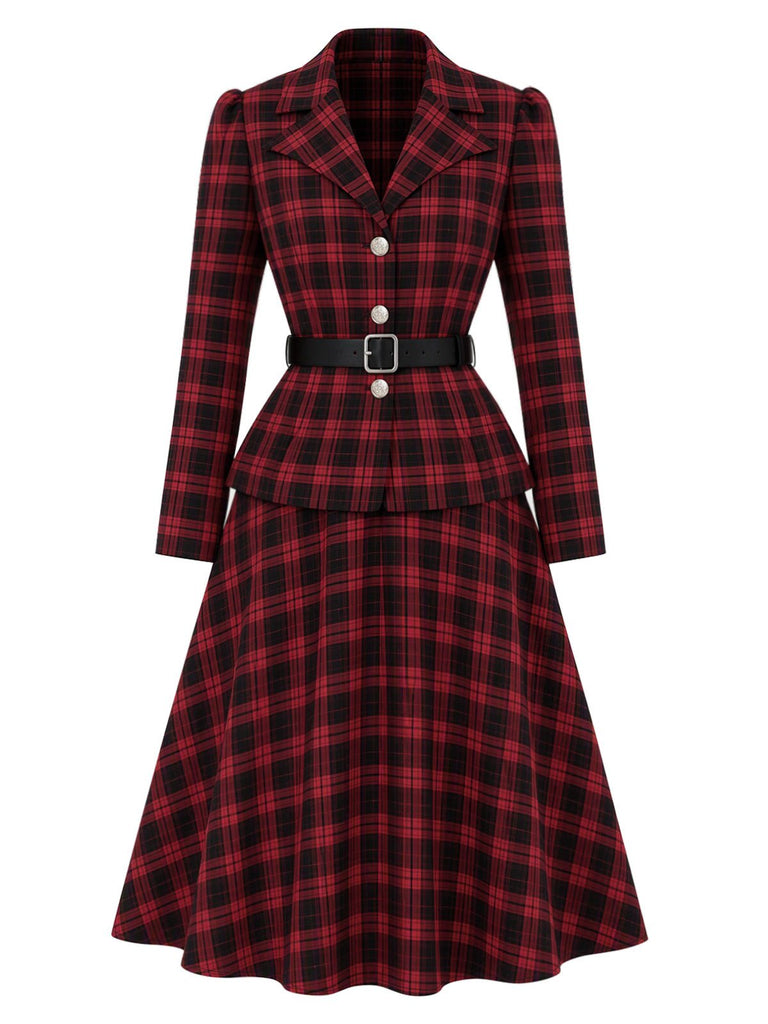 [Prévente] Ensemble deux pièces noir et rouge à carreaux, blazer cintré et jupe à ceinture années 1950 - 2