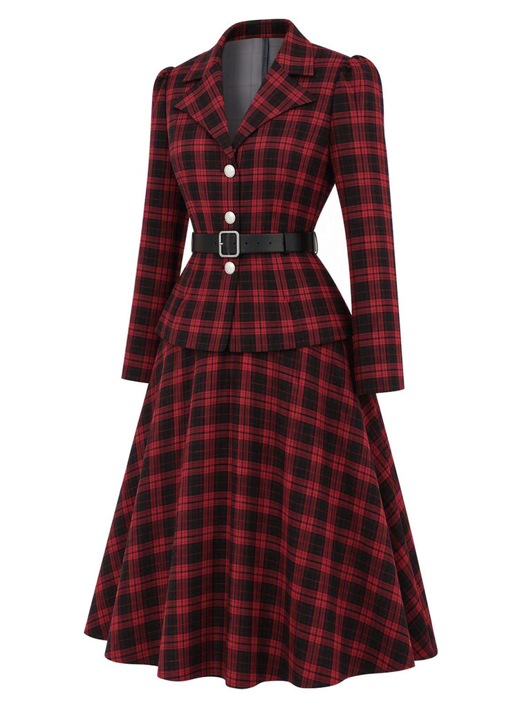 2PCS Blazer noir et rouge à carreaux et jupe années 1950