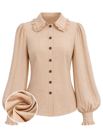 [Prévente] Blouse beige à col volanté, manches ballon et boutons années 1970 - 1