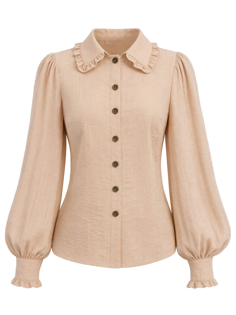 [Prévente] Blouse beige à col volanté, manches ballon et boutons années 1970 - 2