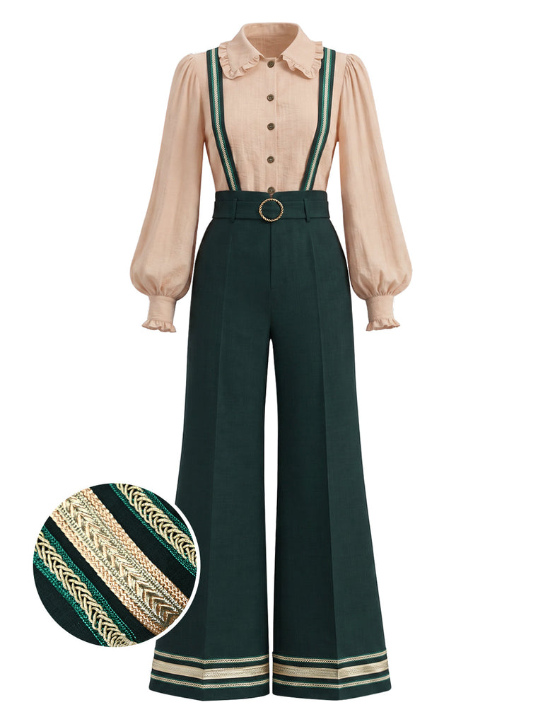 [Prévente] Ensemble deux pièces, blouse à manches ballon et pantalon à bretelles galonné années 1970 - 2