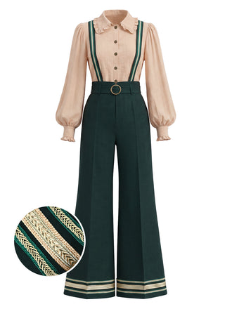 [Prévente] Ensemble deux pièces, blouse à manches ballon et pantalon à bretelles galonné années 1970 - 2