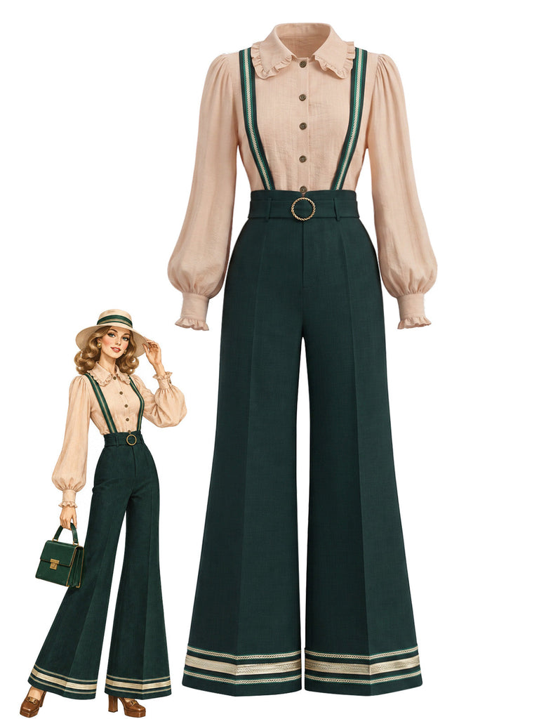 [Prévente] Ensemble deux pièces, blouse à manches ballon et pantalon à bretelles galonné années 1970 - 1