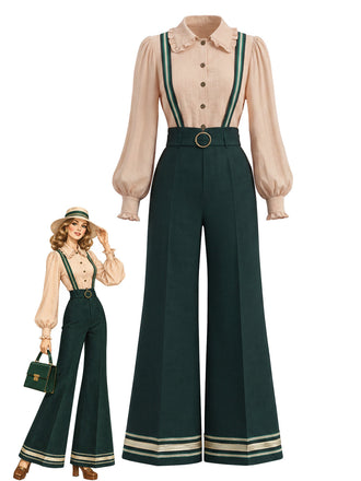[Prévente] Ensemble deux pièces, blouse à manches ballon et pantalon à bretelles galonné années 1970 - 1