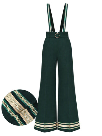 [Prévente] Ensemble pantalon à bretelles vert foncé, galon doré et ceinture années 1970 - 1