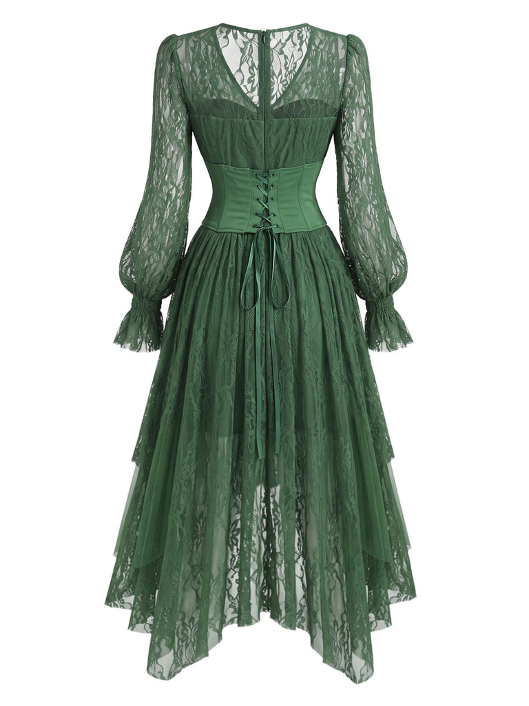 [Prévente] Robe asymétrique vert lac en dentelle et tulle superposé avec corset années 1970