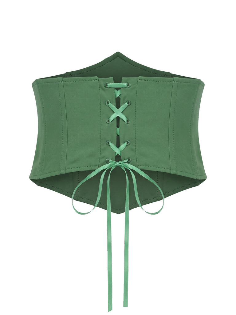 [Prévente] Robe asymétrique vert lac en dentelle et tulle superposé avec corset années 1970