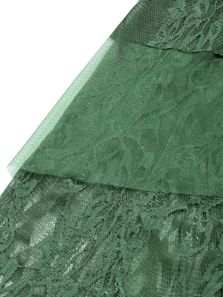 [Prévente] Robe asymétrique vert lac en dentelle et tulle superposé avec corset années 1970