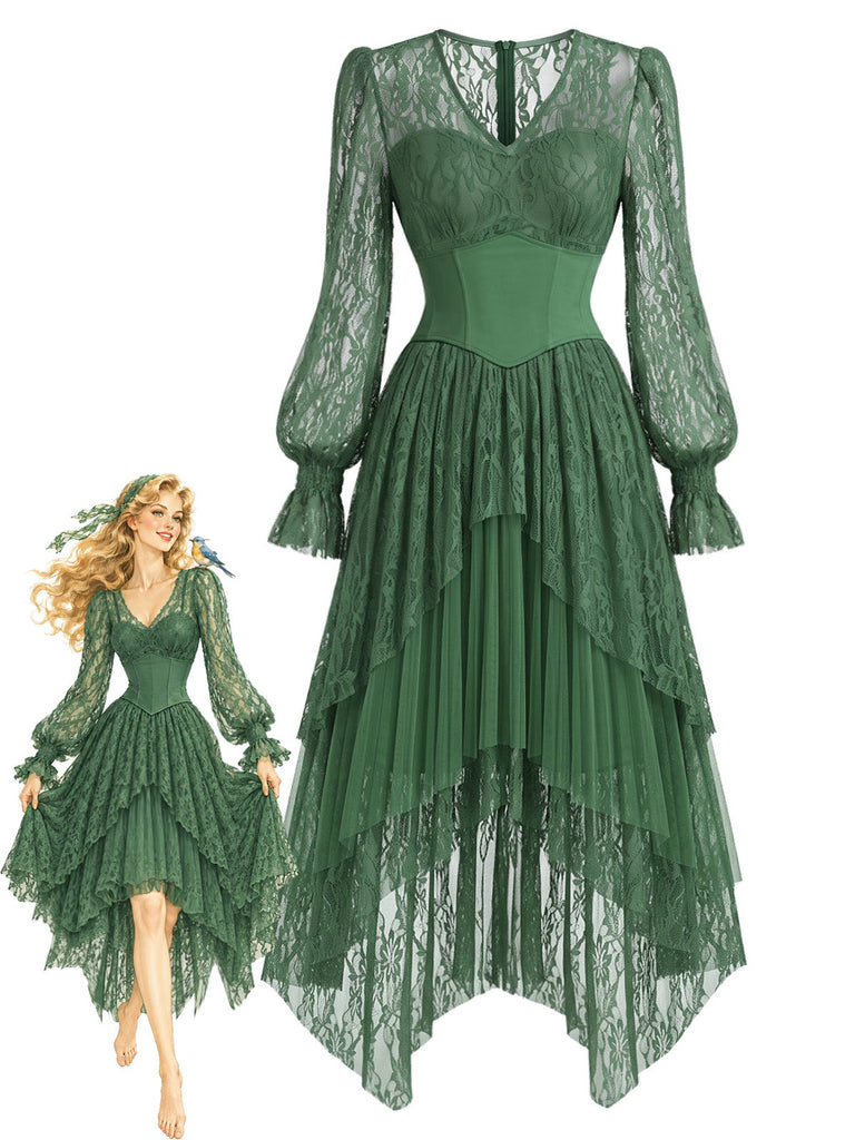 [Prévente] Robe asymétrique vert lac en dentelle et tulle superposé avec corset années 1970
