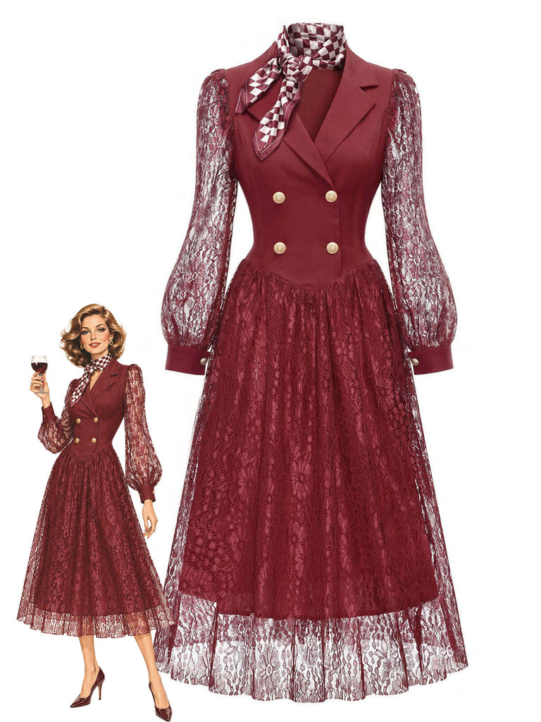 [Prévente] Robe à revers et double boutonnage avec écharpe en dentelle années 1970 - 1