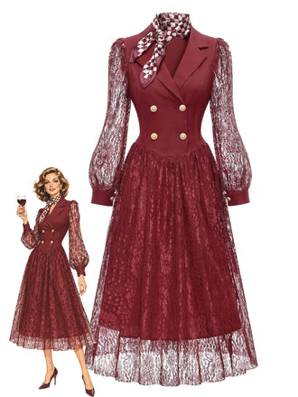 [Prévente] Robe à revers et double boutonnage avec écharpe en dentelle années 1970 - 1