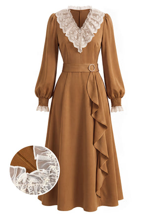 [Prévente] Robe marron en dentelle à col V, manches bouffantes et volants Années 1930 - 2