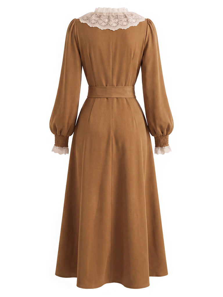 [Prévente] Robe marron en dentelle à col V, manches bouffantes et volants Années 1930 - 5