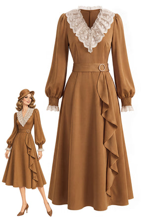[Prévente] Robe marron en dentelle à col V, manches bouffantes et volants Années 1930 - 1