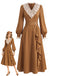 [Prévente] Robe marron en dentelle à col V, manches bouffantes et volants Années 1930 - 1