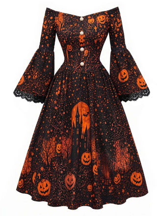 [Prévente] Robe noire d’Halloween imprimée à épaules dénudées et manches cloche années 1950