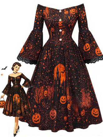 [Prévente] Robe noire d’Halloween manches cloche années 1950