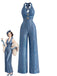 [Prévente] Combinaison bleue scintillante dos nu Halter, col V, boutons soleil et jambes larges années 1970