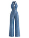 [Prévente] Combinaison bleue scintillante dos nu Halter, col V, boutons soleil et jambes larges années 1970