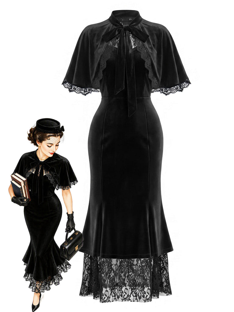 [Prévente] Robe sirène noire en velours et dentelle avec cape à volants Années 1930 - 1