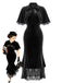 [Prévente] Robe sirène noire en velours et dentelle avec cape à volants Années 1930 - 1