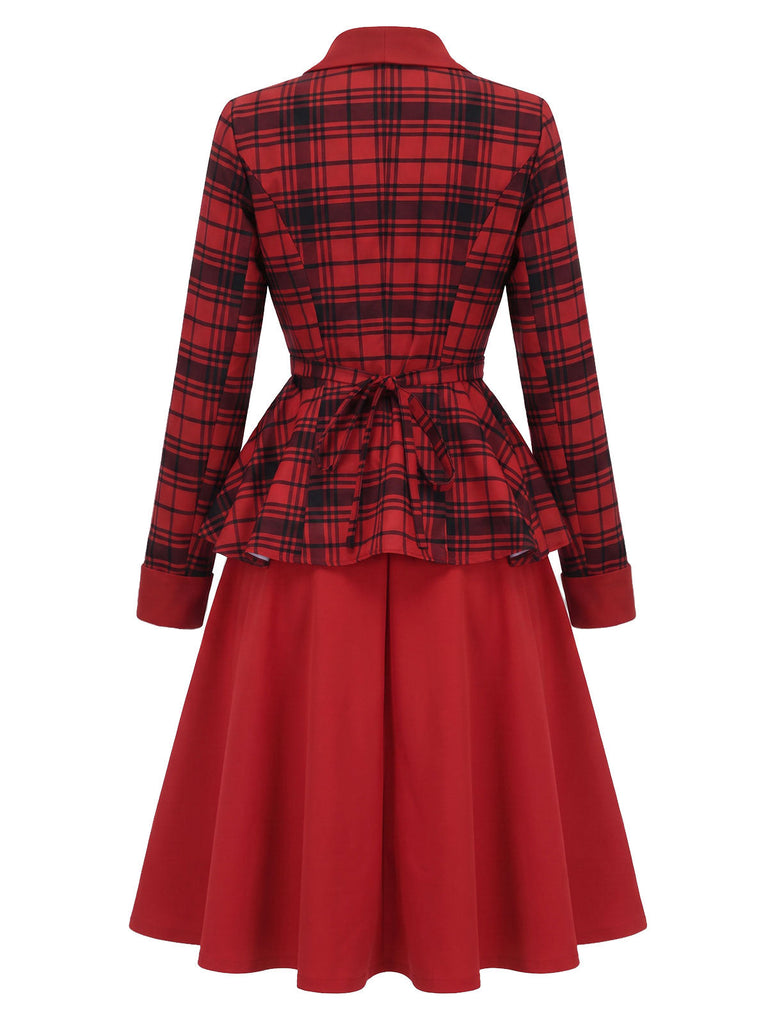 [Prévente] Ensemble deux pièces rouge, veste à col châle à carreaux et jupe unie années 1940 - 5