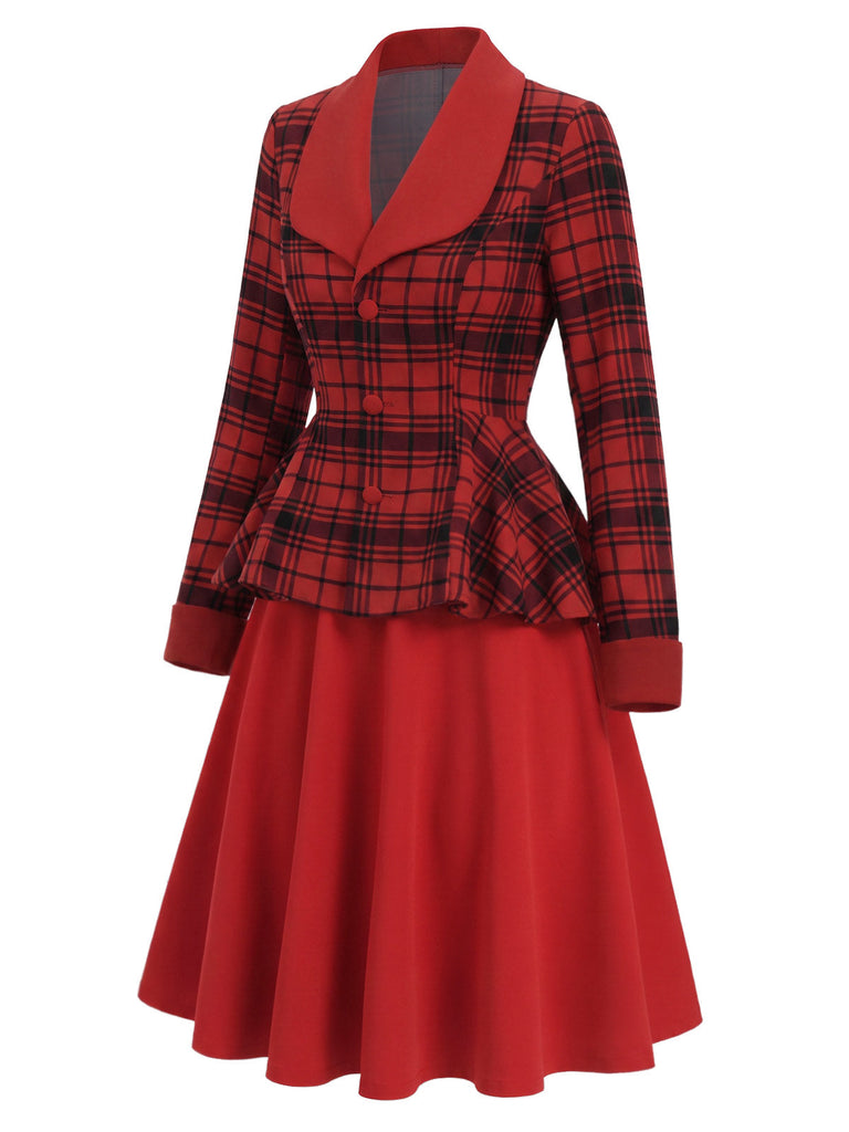 [Prévente] Ensemble deux pièces rouge, veste à col châle à carreaux et jupe unie années 1940 - 6