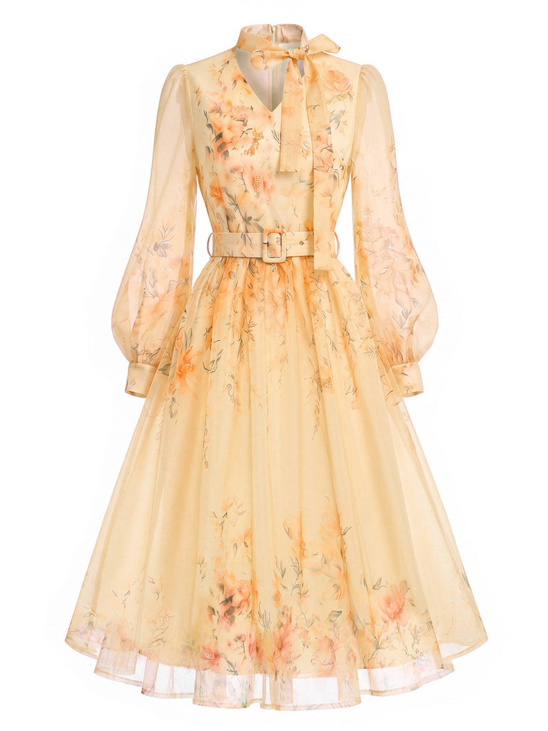 [Prévente] Robe orange en maille à fleurs, col V et manches ballon Années 1950 - 2