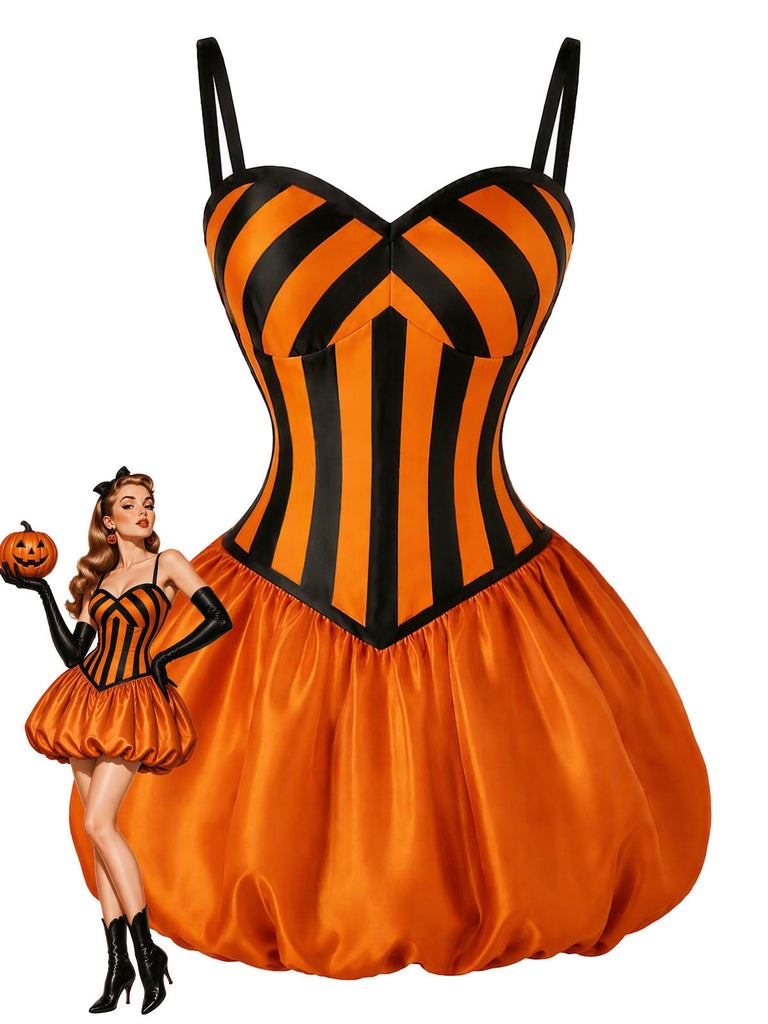 [Prévente] Robe boule orange d’Halloween à citrouilles, rayures et fines bretelles années 1950
