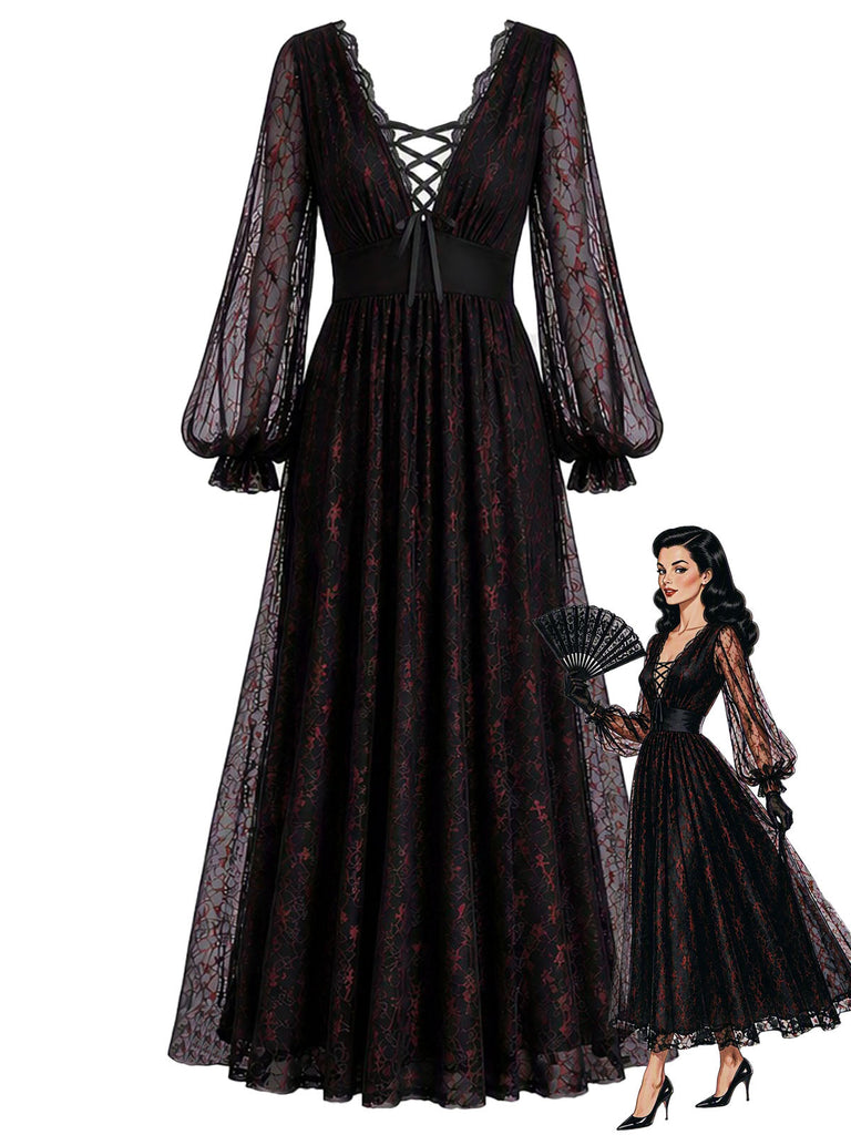 [Prévente] Robe noire en dentelle à décolleté V plongeant et manches lanternes années 1930