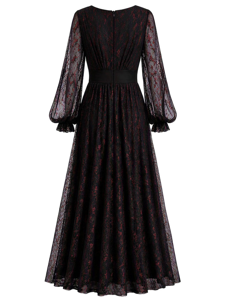 [Prévente] Robe noire en dentelle à décolleté V plongeant et manches lanternes années 1930