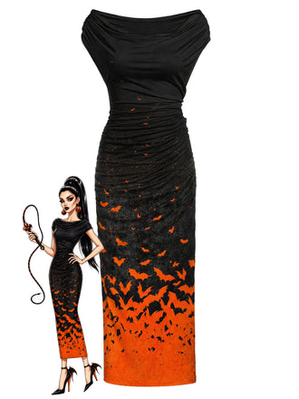 [Prévente] Robe noire ajustée à dégradé orange et imprimé chauves-souris années 1960