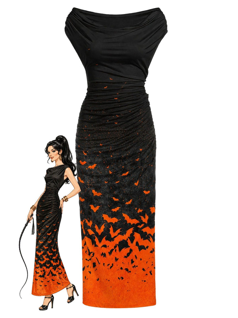 [Prévente] Robe noire ajustée dégradé et motif chauves-souris orange années 60